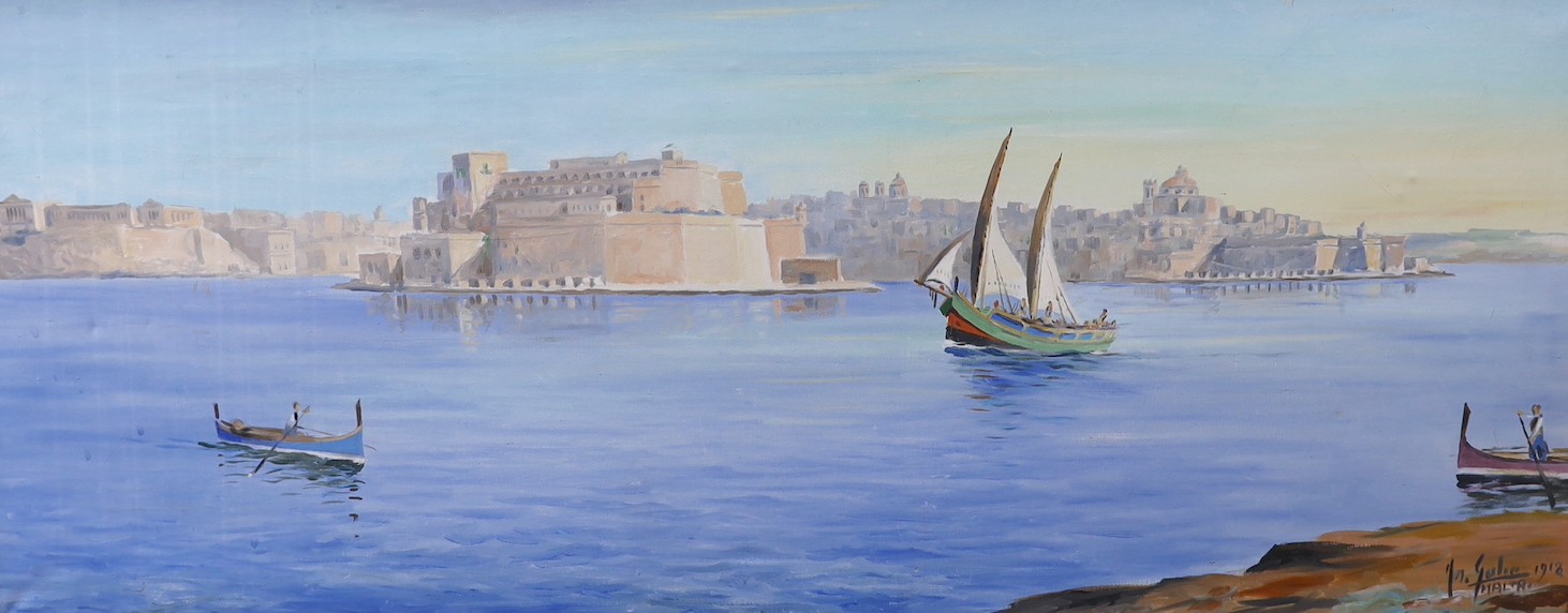 Galea, oil on canvas, 'Valetta Harbour, Malta', signed and dated 1918, 48 x 119cm